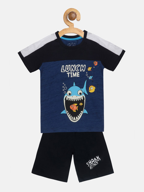 

Lazy Shark Boys Navy Blue & Black Printed T-shirt with Shorts