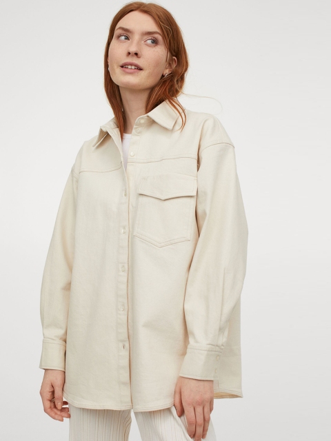 

H&M Women Beige Solid Denim Shirt