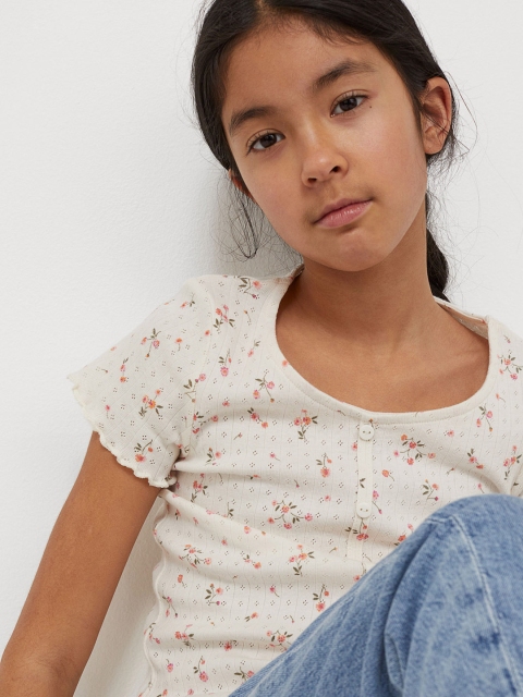 

H&M Girls White & Pink Pure Cotton Floral Printed Pointelle Top