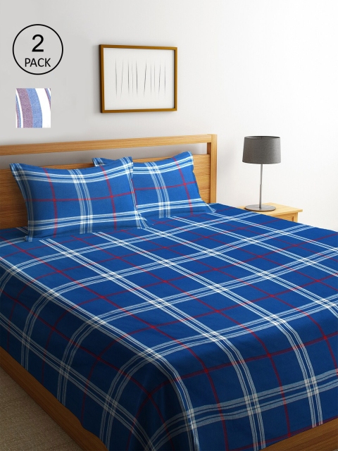 

KLOTTHE Set Of 2 Woven Design Double King Bed Covers with 4 Pillow Covers, Blue
