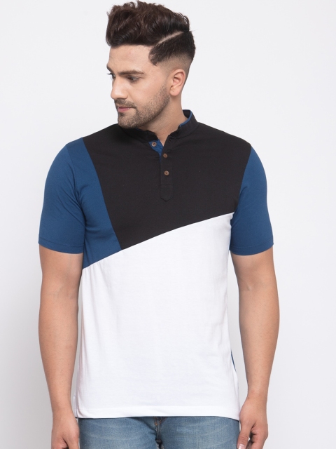 

Kalt Men Blue & White Colourblocked Mandarin Collar T-shirt