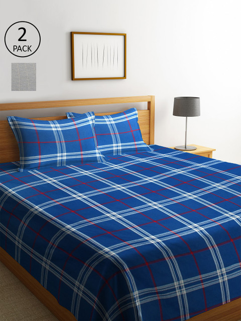

KLOTTHE Set of 2 Blue & Grey Woven Design Double King Bed Covers with 4 Pillow Covers