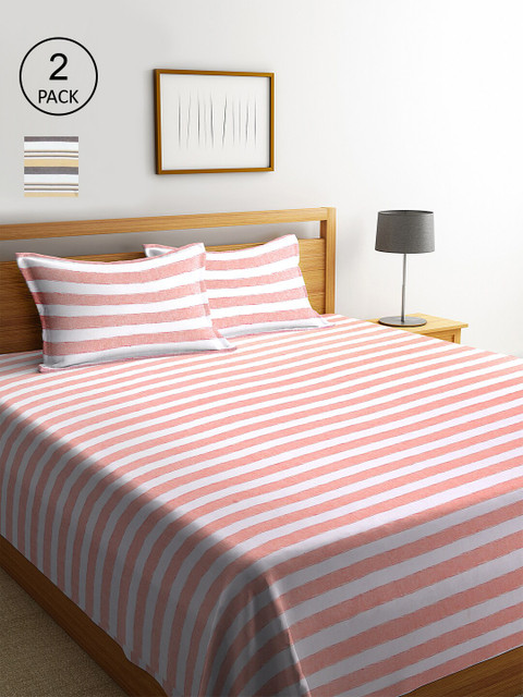 

KLOTTHE Set of 2 Striped Double Bed Covers With 4 Pillow Covers, Pink