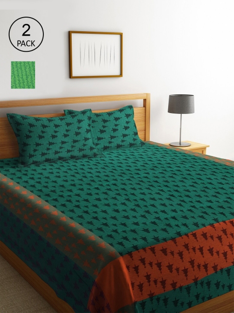 

KLOTTHE Set of 2 Floral Double Bed Covers With 4 Pillow Covers, Green