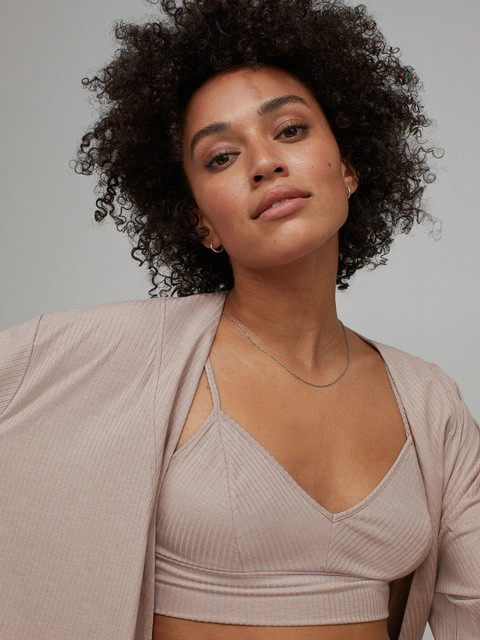 

H&M Ladies Beige Sustainable Ribbed pyjama crop top