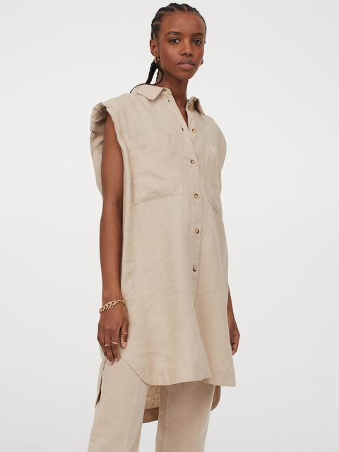 

H&M Women Beige Solid Sleeveless Linen Shirt