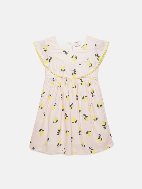 

ZION Girls Peach-Coloured Printed Viscose Rayon A-Line Dress