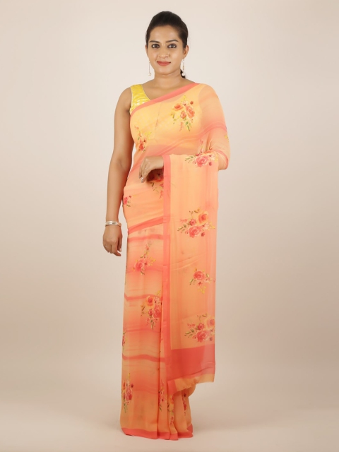 

Pothys Orange Floral Printed Poly Georgette Saree
