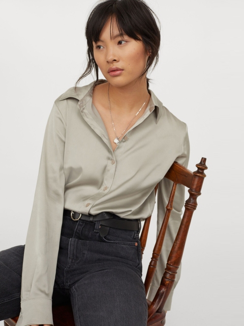 

H&M Women Grey Solid Long-Sleeved Blouse