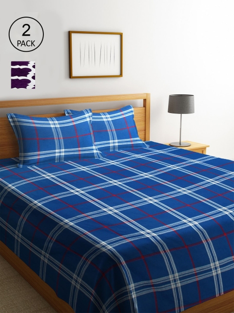 

KLOTTHE Set Of 2 Woven-Design Double King Bed Covers With 4 Pillow Covers, Blue