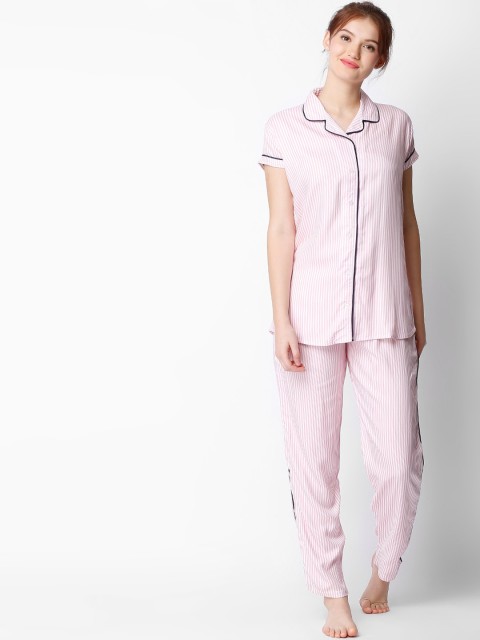 

Zeyo Women Pink & White Striped Night suit