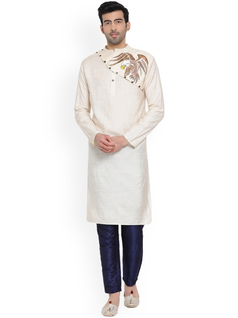 

Devoiler Men Off White Embroidered Thread Work Silk Kurta