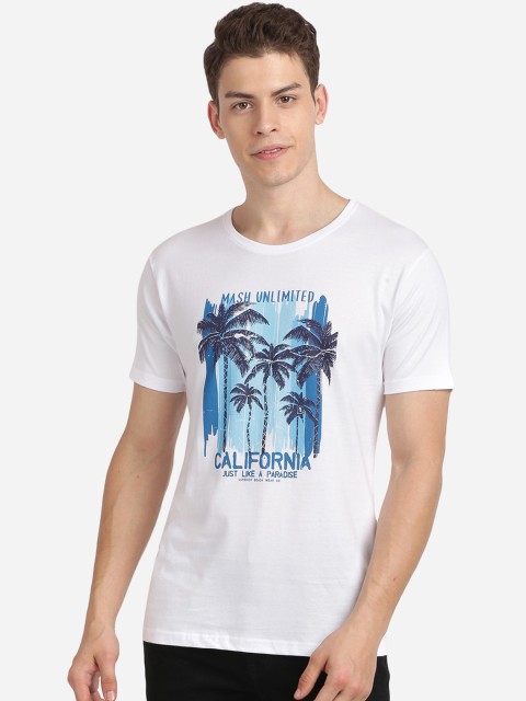 

MASH UNLIMITED Men White & Blue Printed Round Neck Slim Fit T-shirt