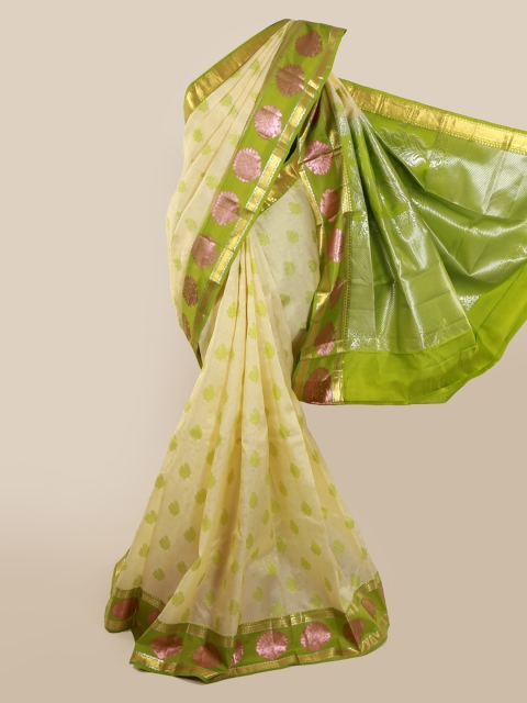

Pothys Cream-Coloured & Green Pure Silk Woven Design Kanjeevaram Saree