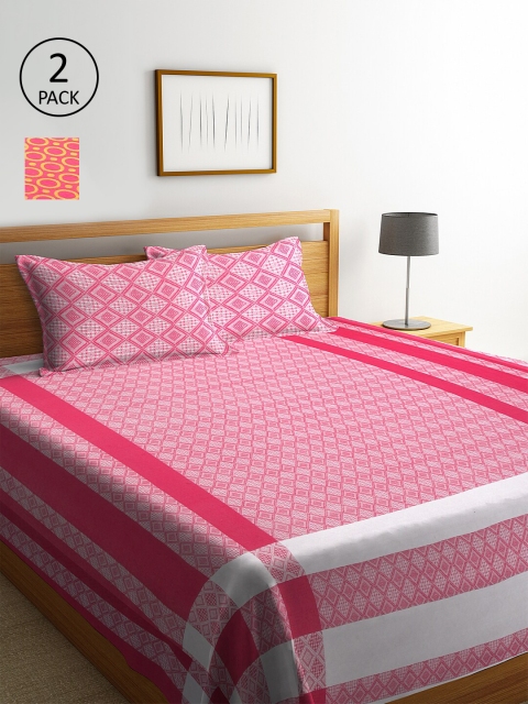 

KLOTTHE Set of 2 Geometric Double King Bed Covers With 4 Pillow Covers, Pink