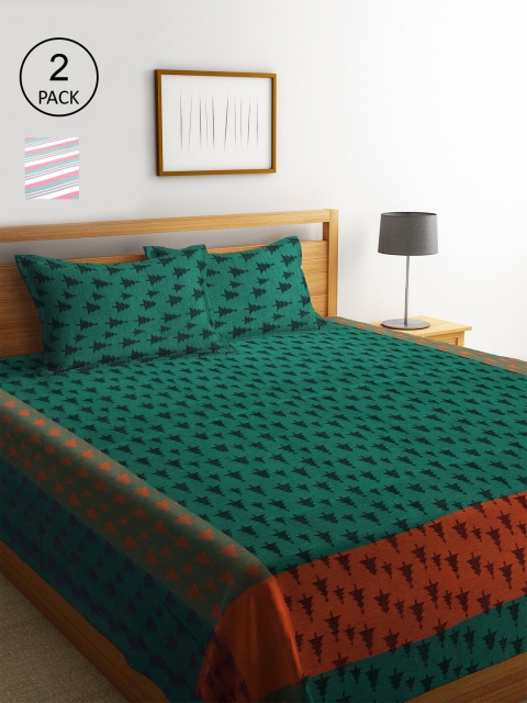 

KLOTTHE Set Of 2 Striped Double Bed Covers With 4 Pillow Covers, Green
