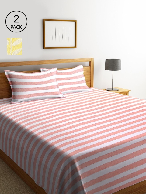 

KLOTTHE Set Of 2 Striped Double King Bed Covers with 4 Pillow Covers, Yellow