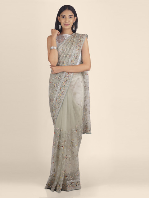 

KAJREE Olive Green Net Embroidered Jamdani Saree