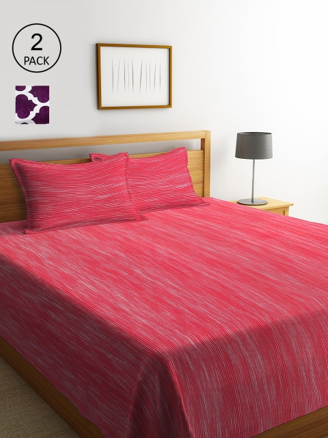 

KLOTTHE Set of 2 Striped Double Bed Covers With 4 Pillow Covers, Violet