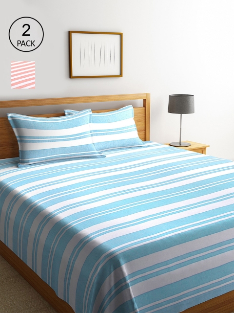

KLOTTHE Set of 2 Striped Double Bed Covers With 4 Pillow Covers, Blue