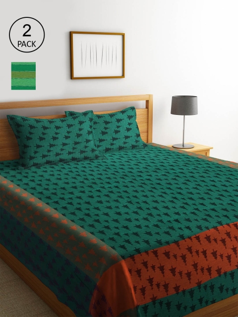 

KLOTTHE Set Of 2 Woven-Design Double King Bed Covers With 4 Pillow Covers, Green