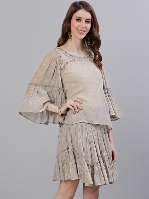 

Ishin Women Grey Self Design Drop-Waist Dress