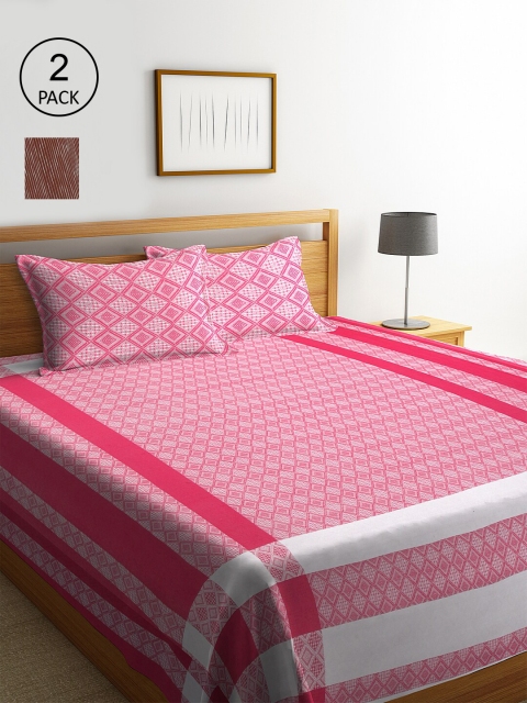 

KLOTTHE Pink & Brown Set Of 2 Striped Double Bed Covers With 4 Pillow Covers