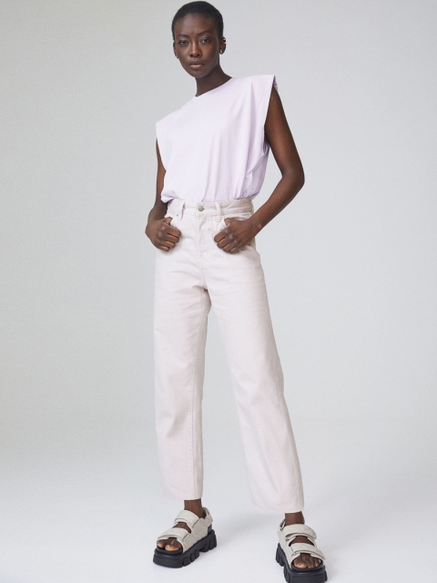 

H&M Women Pastel Lavender Solid Straight High Ankle Jeans