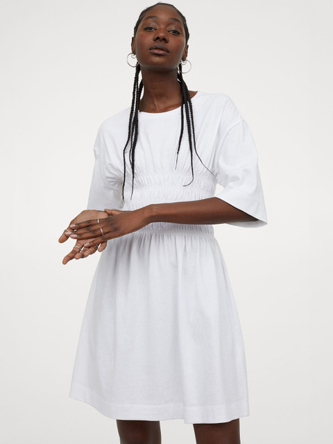 

H&M Women White Solid Smocked Cotton T-shirt Dress