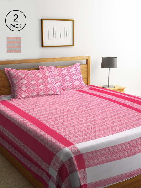 

KLOTTHE Set of 2 Striped Double King Bed Covers With 4 Pillow Covers, Pink