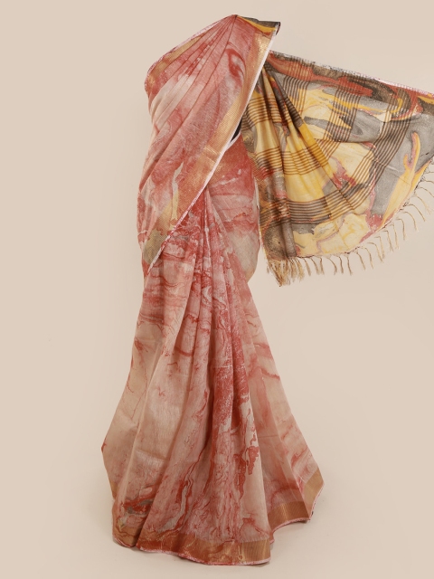 

Pothys Peach-Coloured & Red Linen Blend Printed Saree