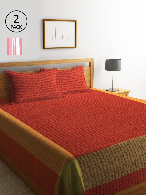 

KLOTTHE Set Of 2 Striped Double King Bed Covers with 4 Pillow Covers, Orange