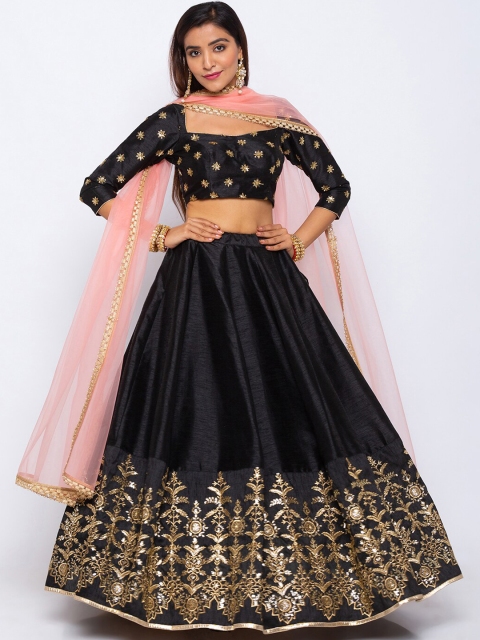 

6Y COLLECTIVE Black & Gold-Toned Semi-stitched Lehenga -unstitched blouse-stitched dupatta