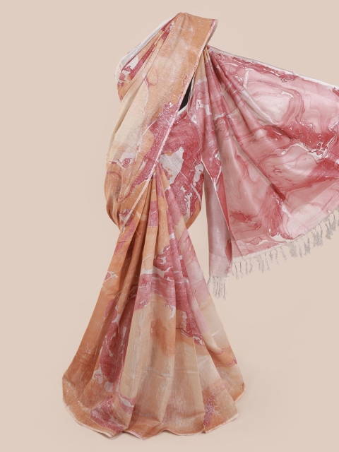 

Pothys Peach-Coloured & Pink Linen Blend Printed Saree