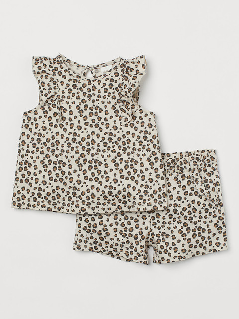 

H&M Girls Biege & Black 2-Piece Frill-Trimmed Set, Beige
