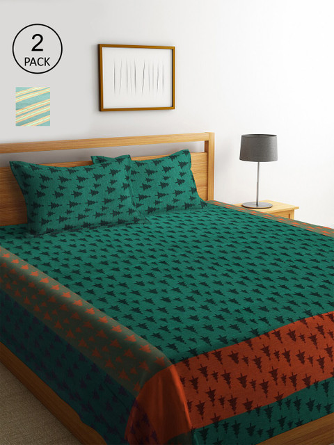 

KLOTTHE Set Of 2 Striped Double King Bed Covers with 4 Pillow Covers, Green