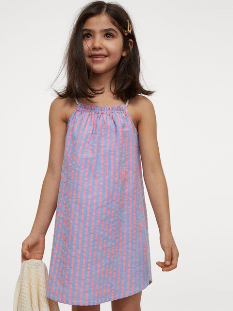 

H&M Girls Blue & Pink Striped Cotton A-Line Dress