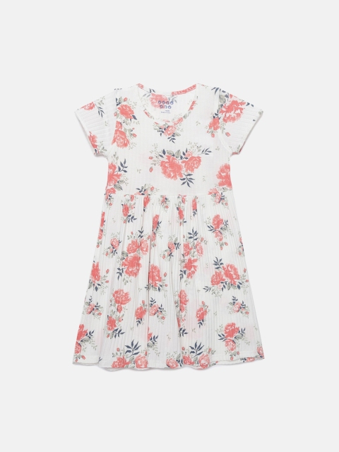 

ZION Girls White & Peach-Coloured Floral Printed Fit and Flare Dress