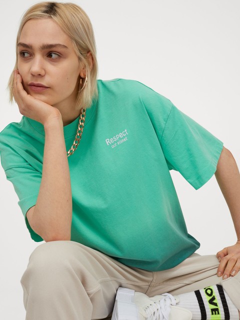 

H&M Women Green Oversized Printed T-shirt