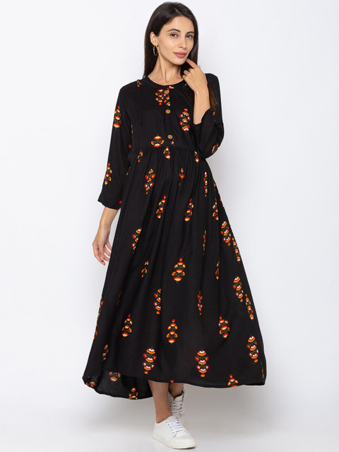 

MomToBe Women Black Printed Nursing Fit and Flare Maternity & Feeding Dress