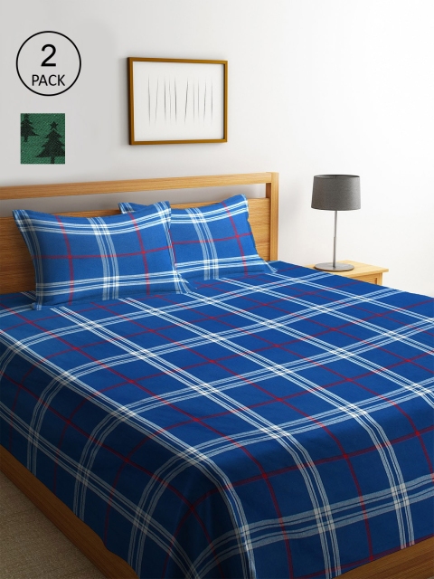 

KLOTTHE Set of 2 Blue & Green Woven-Design Double Bed Covers With 4 Pillow Covers