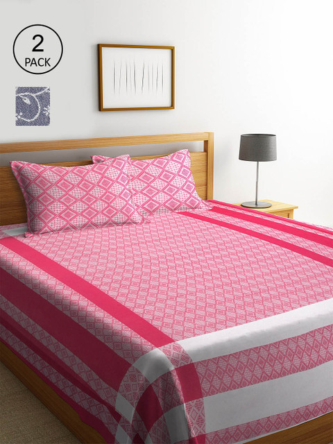 

KLOTTHE Pink & Grey Set Of 2 Geometric Double Bed Covers With 4 Pillow Covers