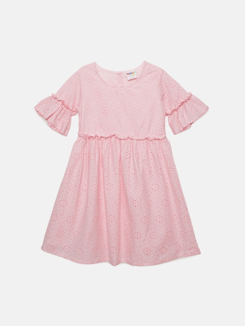 

ZION Girls Pink Self Design Fit and Flare Dress