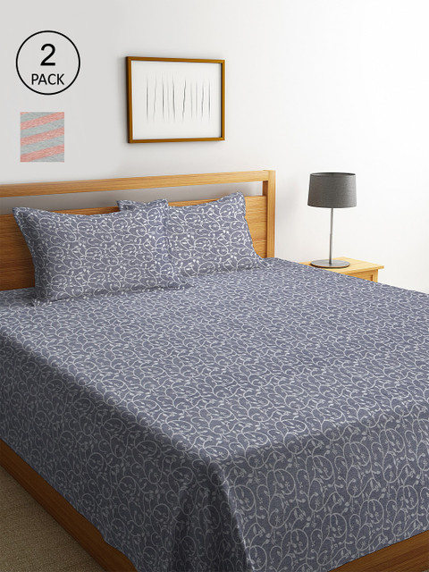 

KLOTTHE Set Of 2 Striped Double King Bed Covers With 4 Pillow Covers, Grey