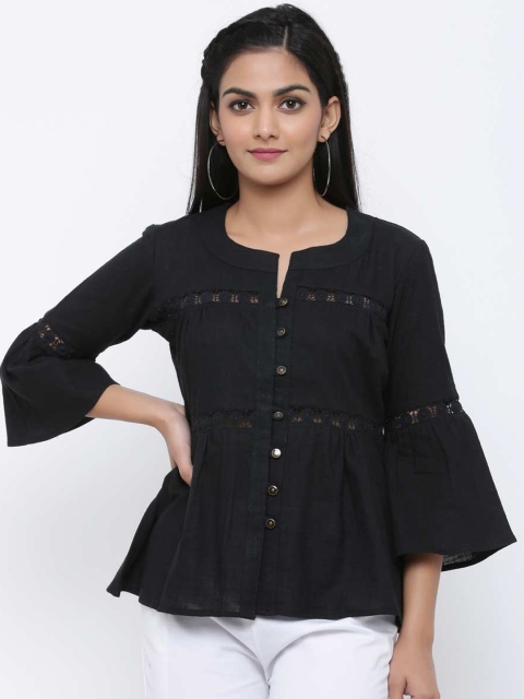 

Tistabene Black Bell Sleeves Pure Cotton A-line Top