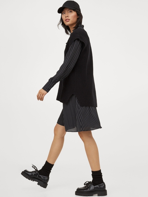 

H&M Women Navy Blue & White Printed Frill-Collared A-Line Dress