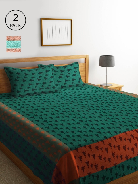 

KLOTTHE Set Of 2 Striped Double King Bed Covers With 4 Pillow Covers, Green