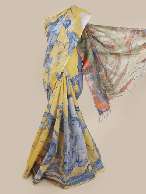 

Pothys Yellow & Blue Linen Blend Printed Saree