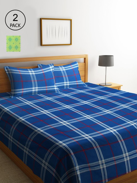 

KLOTTHE Set Of 2 Woven-Design Double Bed Covers With 4 Pillow Covers, Blue