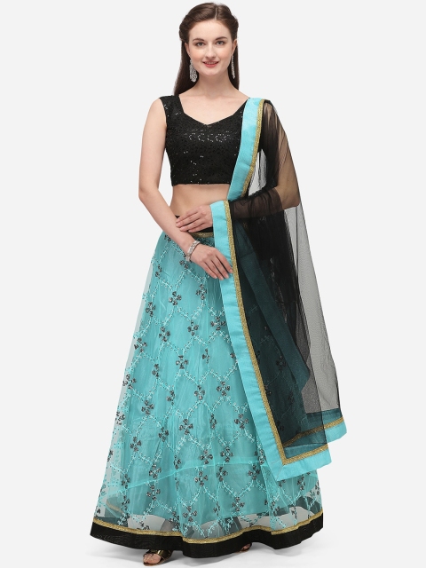 

Aasvaa Blue & Gold-Toned Embellished Semi-Stitched Lehenga Choli